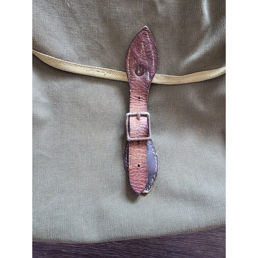 Vintage Military Green Army Canvas Messenger Tote Bag Leather Strap Buckle READ